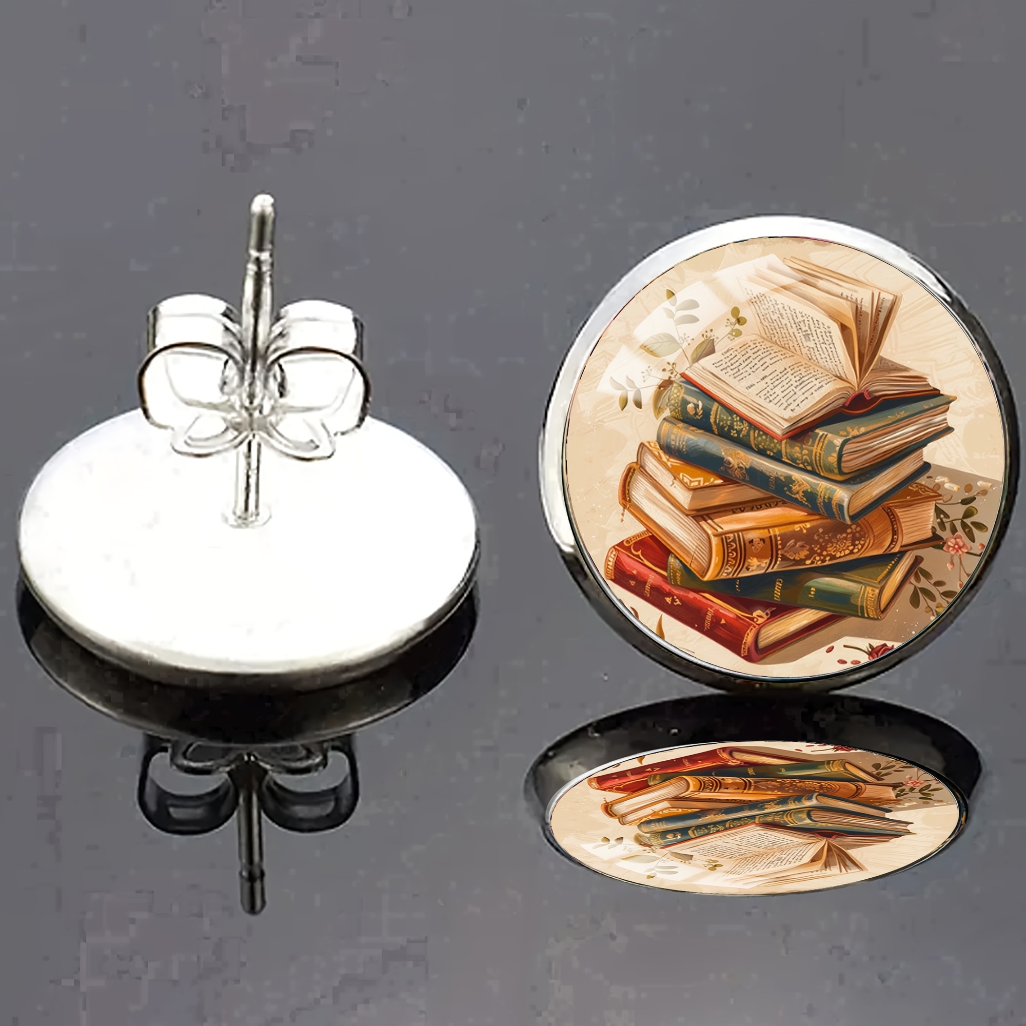 Vintage Book Stud Earrings, Literary Style