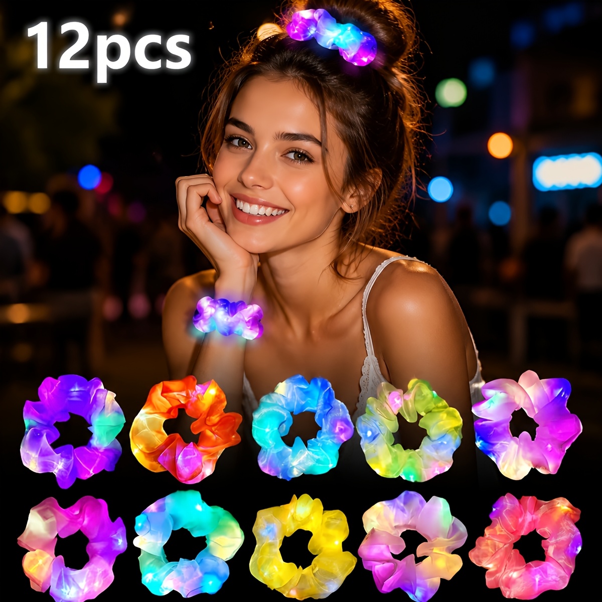 TEMU 12 Pack Color Led Light Up Elastic Headbands, Battery Operated Flashing Hair Bands With Multiple Lighting , Hair Accessories For Christmas, New
