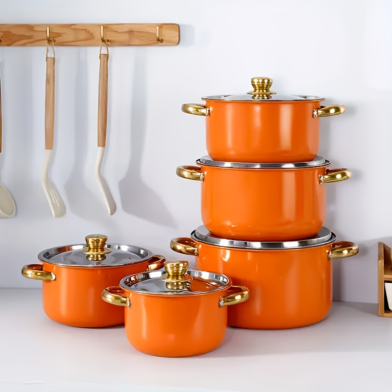 TEMU 10pcs Stainless Steel Cookware Set - Orange, Cookware Set, Heat-resistant, Frying Pan, Saucepan, Stew Pot, Multifunctional, Stylish, Durable, Suitable For All Stoves