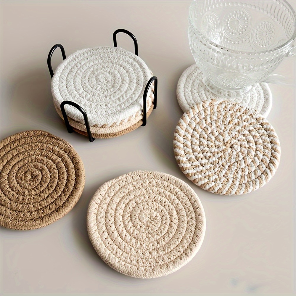 

Set Of 4 Polyester Absorbent Coasters - Non-woven Backed, Minimalist Braided Drink Mats For Home, Bar, Coffee Table Decor And Gifts - Brown