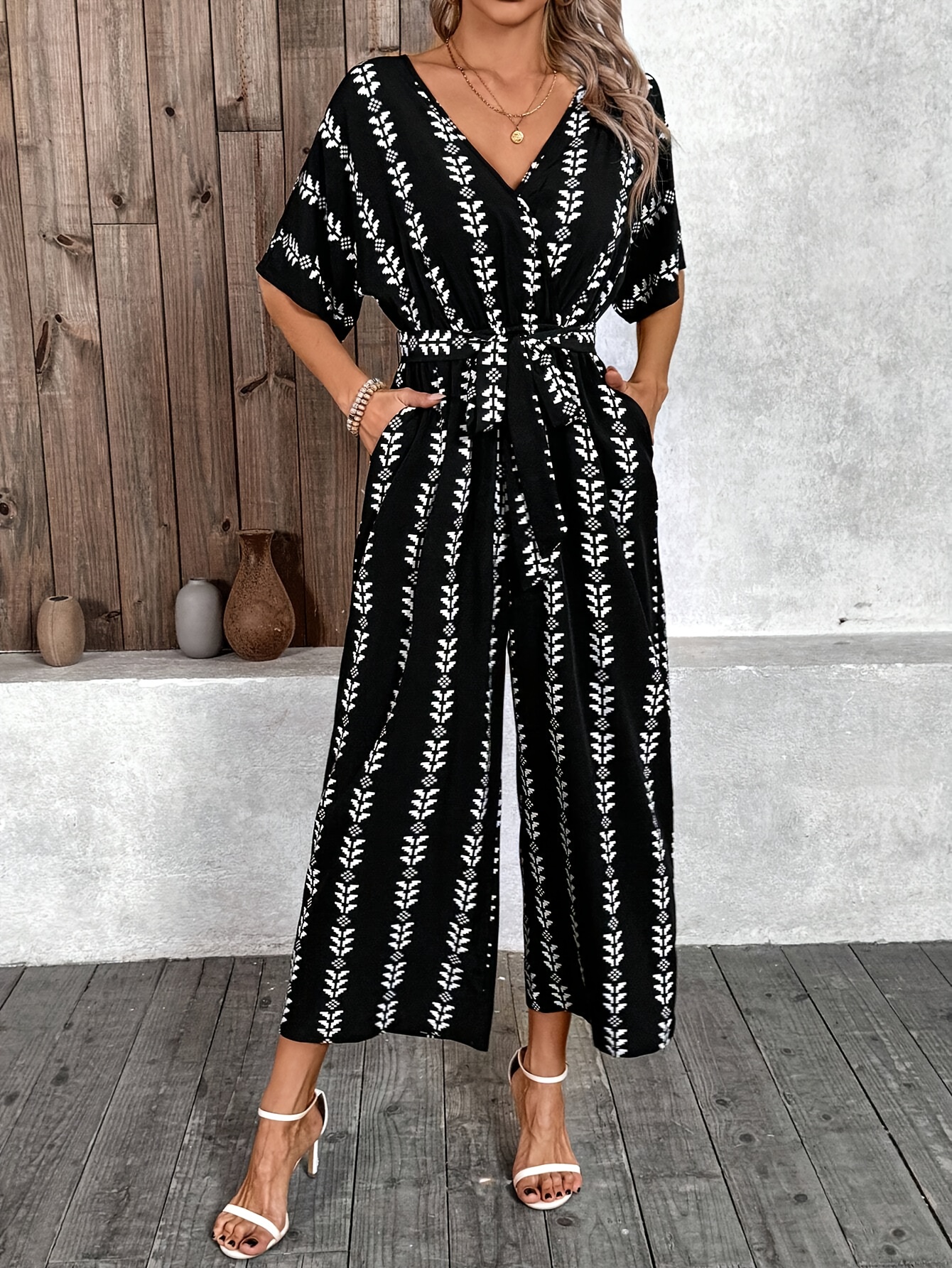 womens elegant v neck jumpsuit black print wide Temu Australia