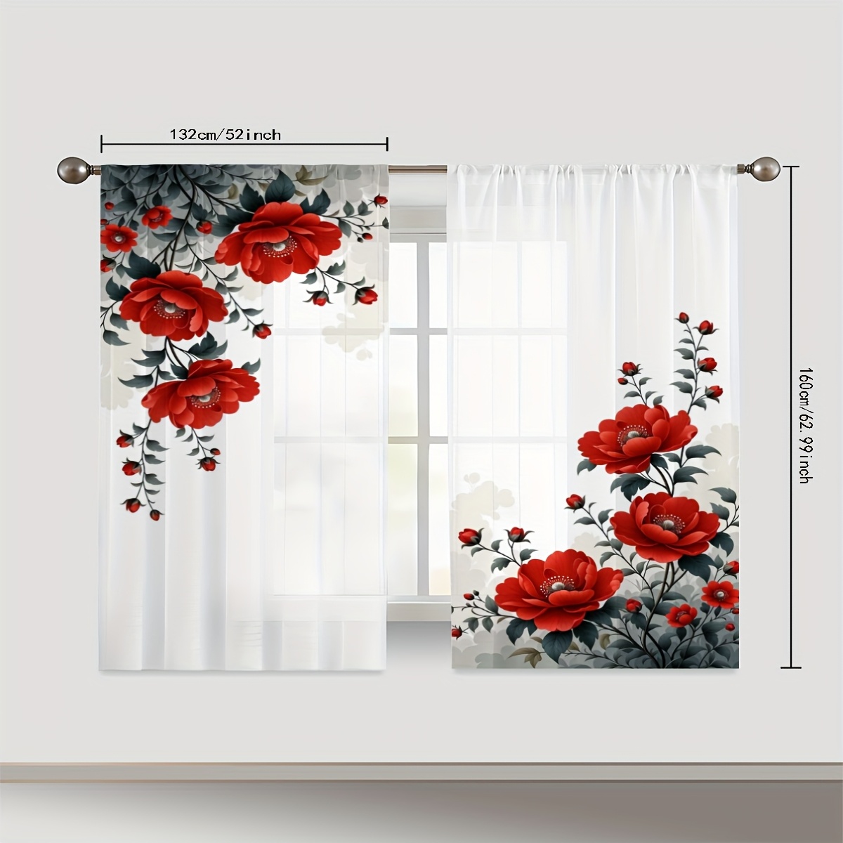 TEMU 2pcs Red Floral Curtains - Large Pattern, Lightweight , Semi-translucent & Breathable For Indoor/outdoor Use, Rod , Decorative Drapes For Living