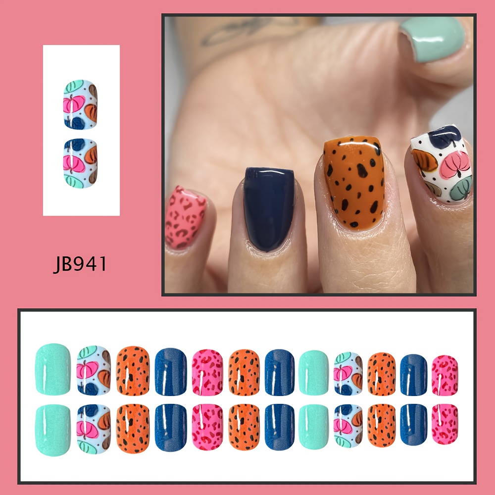 TEMU 24pcs Short Square Colorful Spotted Leopard Print Pumpkin Press-on Nails, Detachable Fake Tips, Nail Art Accessories, Manicure Set, , Glossy