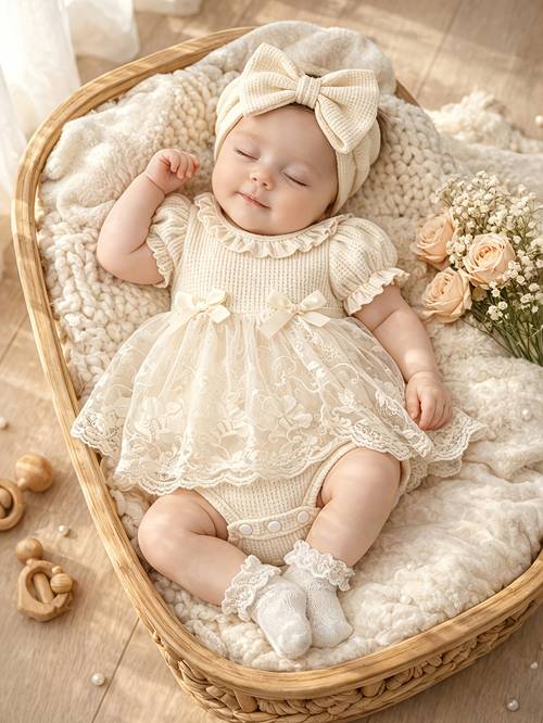 2pcs beige childrens baby waffle romper and headband set socks not included puff sleeve neckline 3d floral embroidery lace mesh dress loose comfortable style