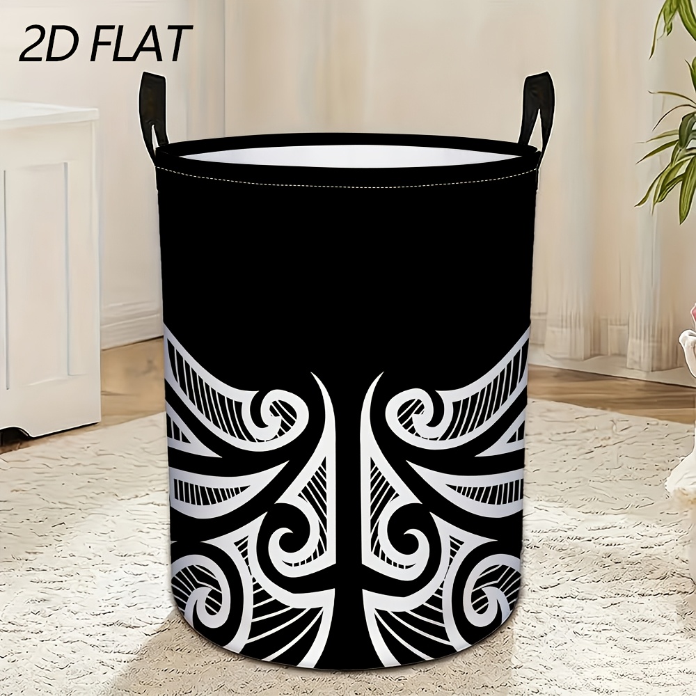 TEMU 1pc Maori Tribal Laundry Basket With Sturdy Handle - Foldable Storage Bin Suitable For Clothes,, Organizer, & White Tribal Curly Spiral Wave