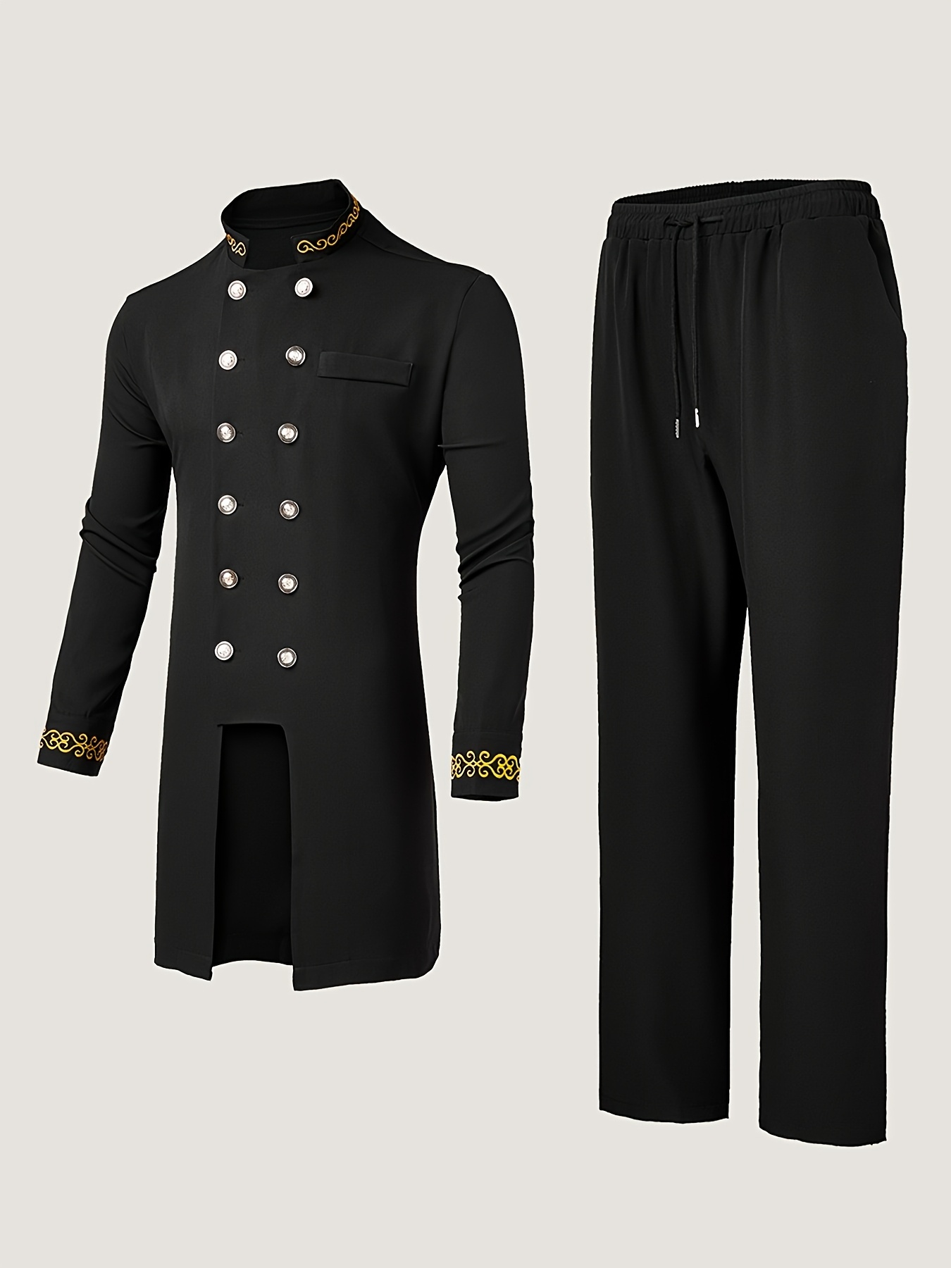 Dashiki Men's Long Sleeve Set, Round Neck Button-Up Shirt with Pockets and Split Hem, Elastic Pants, 2pcs Casual Outfit for Style, Wedding Attire, Black - New Season Collection