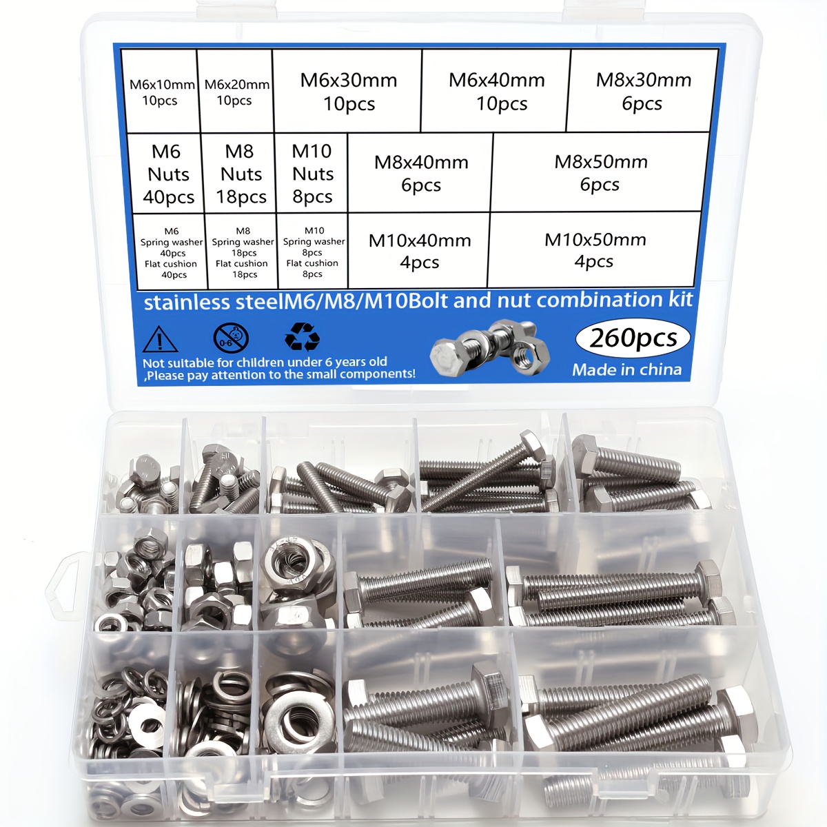 E-shop 260-teiliges Edelstahl M6/M8/M10 Schwerlast Sechskant Schraube und Muttern Kombinationssatz, Unterlegscheiben, Federscheibenmuttern