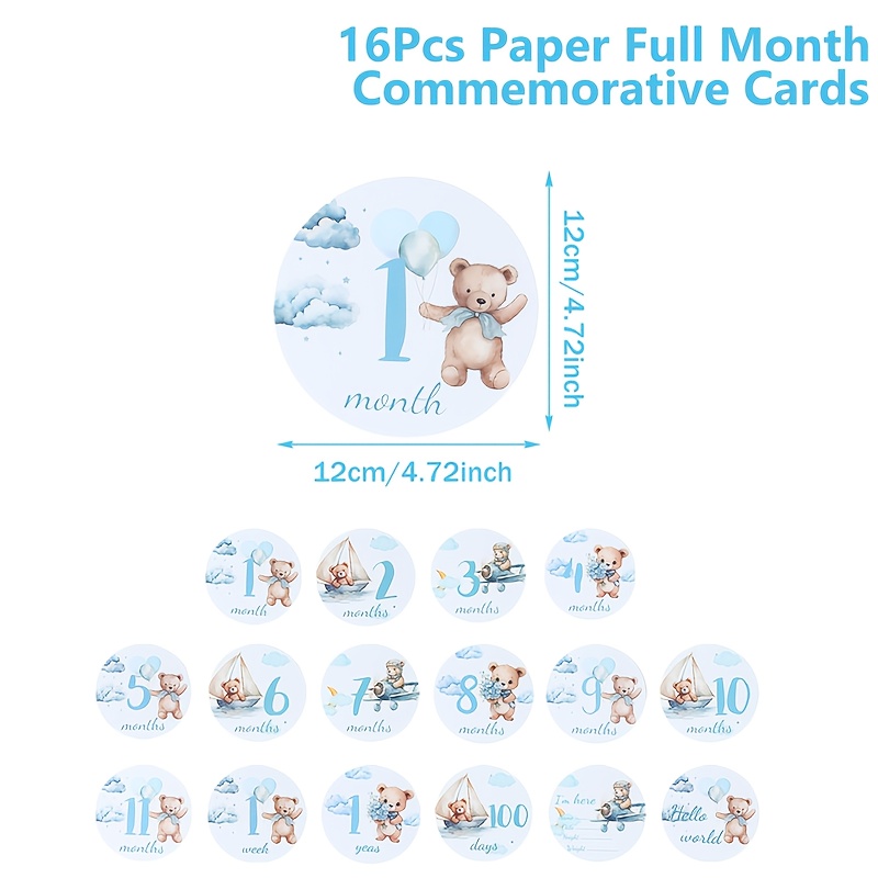 TEMU 16pcs, Party Invitation, Teddy Bear Commemorative Card, Paper Full Month Commemorative Cards, Baby Shower Party Supplies, Baby Shower Themed