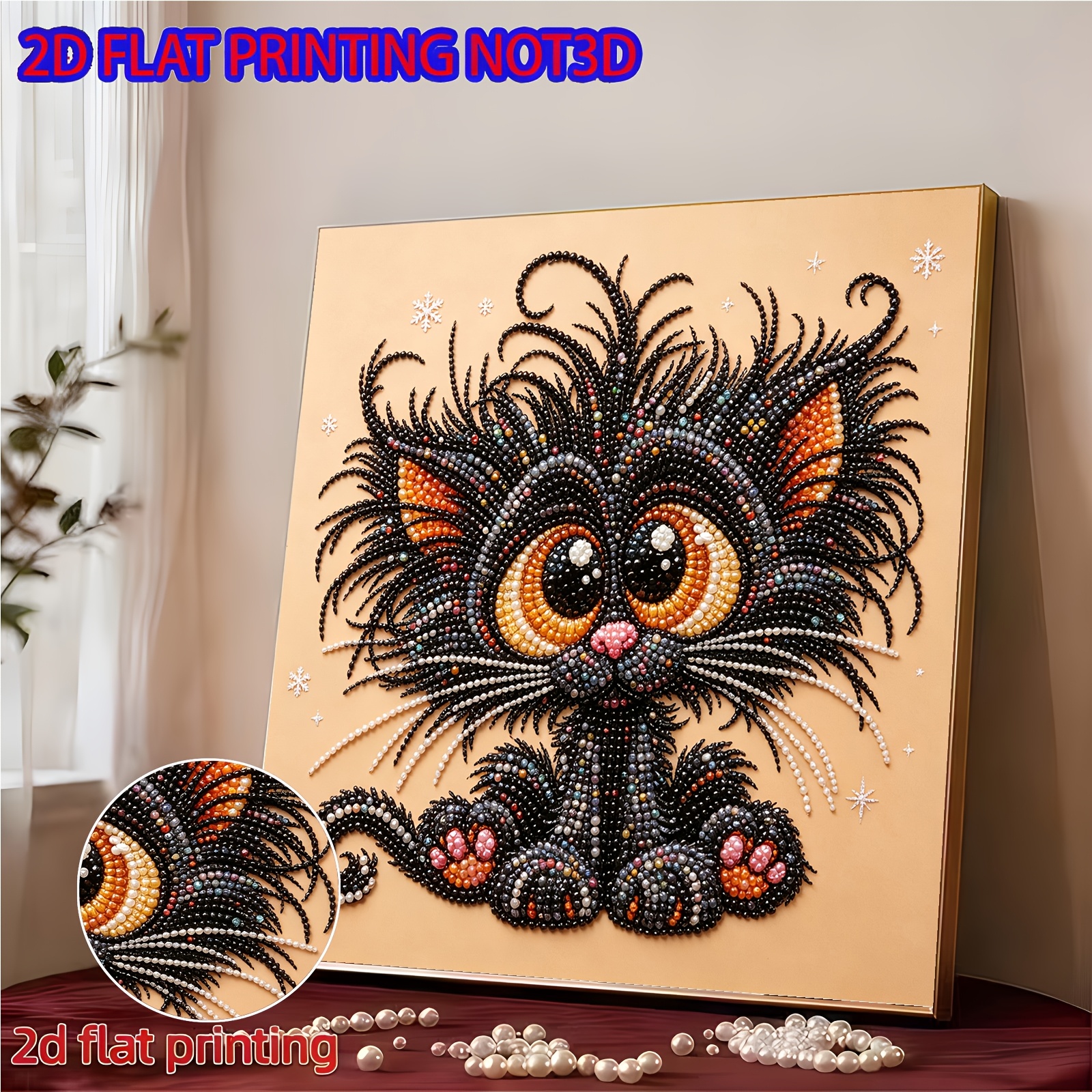 TEMU Peinture sur toile 2D plate 1pc Thème Chat Iridescent Perle Point Diamant, Ornement de bureau fait main anti-stress, Ensemble d'art de perle de