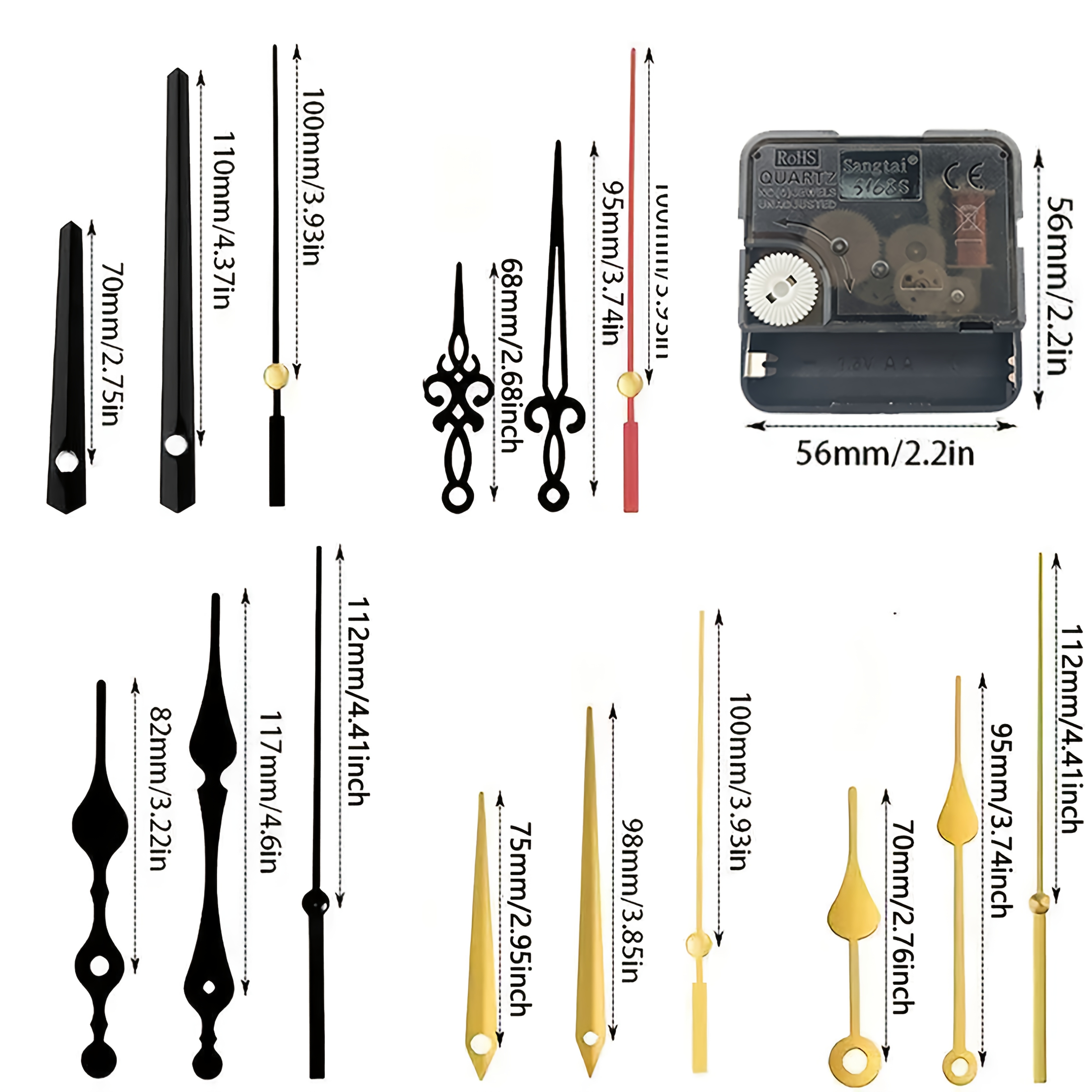 3 vnt. tylaus kvarcinio laikrodžio mechanizmo rinkinys, velenų ilgiai: 16 mm, 20 mm, 23 mm, komplekte 5 poros laikrodžio rodyklių, skirtas laikrodžių remontui, keitimui ir „pasidaryk pats“, tinka namų ir biuro dekoravimui, dovana laikrodžių entuziastams