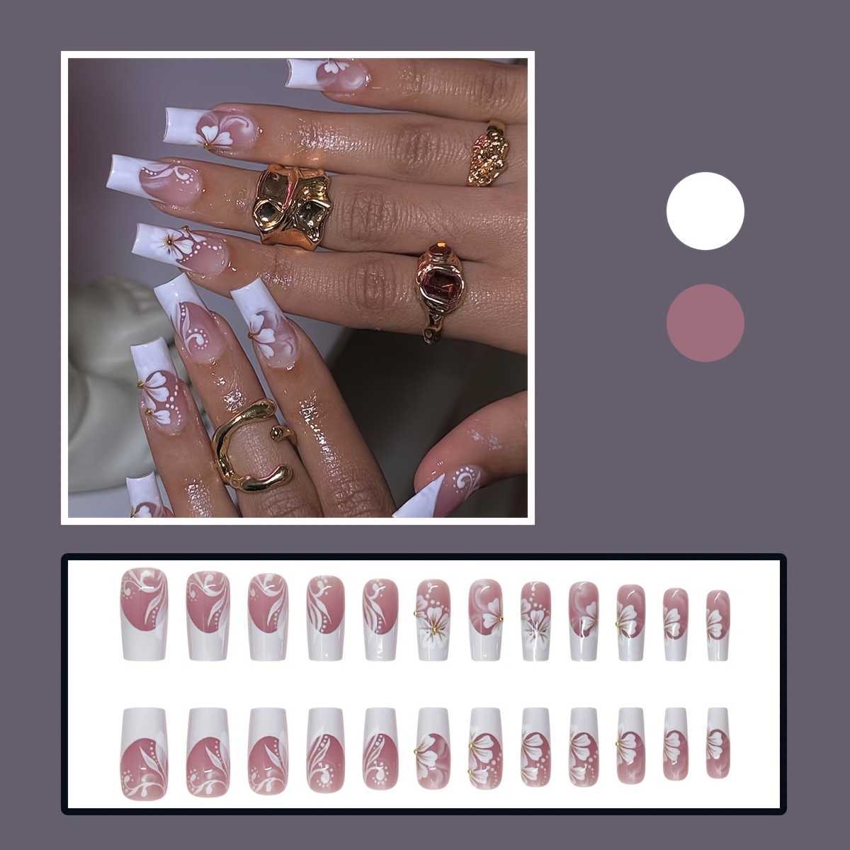 24pcs Medium Length Square Removable Full Coverage Glossy Press-on Nails, French Gradient Floral Golden Bead Embellishment Nail Art, Elegant And Luxurious Fashion Press-on Nails, Nail Supplies