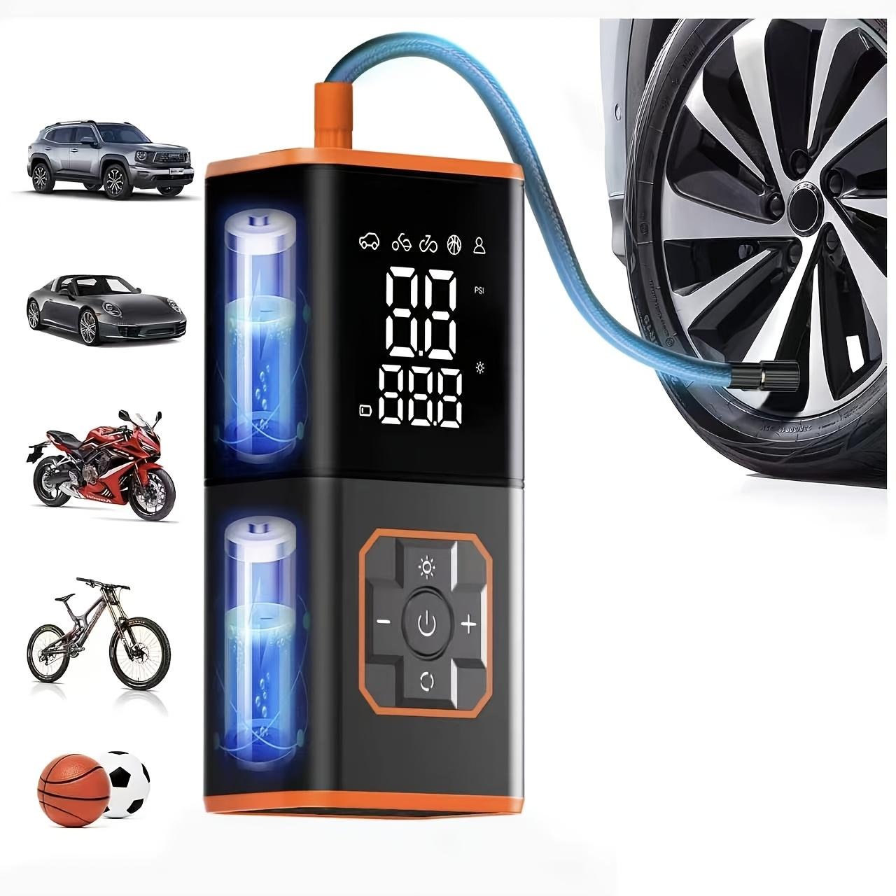 TEMU Gonfleur de Pneus Portable, Compresseur d'Air Fil 150 PSI avec Manomètre Numérique, Lumière LED, pour Voiture, Vélo, Moto, Ballons de Sport