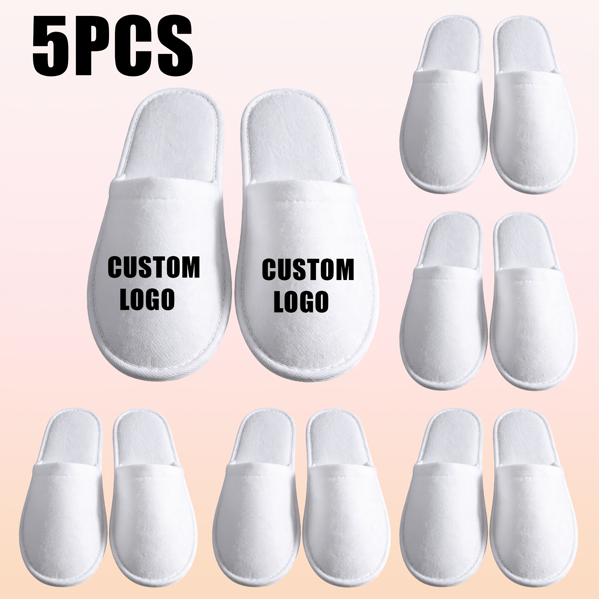 TEMU Customizable Printed Photo/logo Disposable White Slippers, 5 Pairs Per Pack. Soft And Lightweight, Hotel Guests, Spas, Resorts, Guesthouses, And