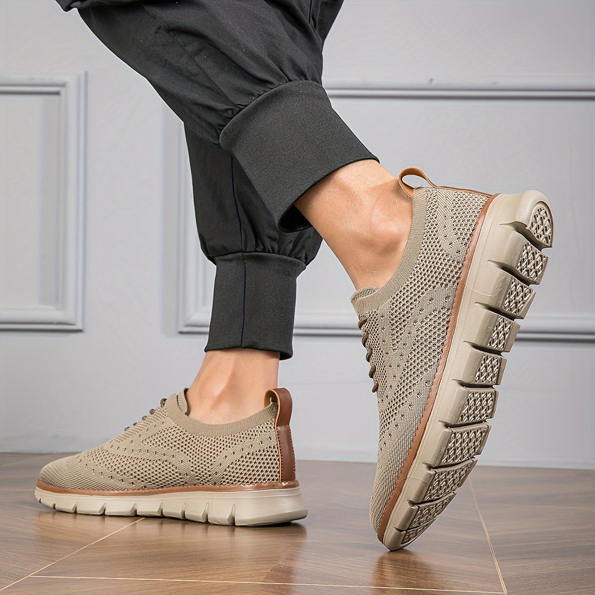 Plus Size Men's Solid Colour Woven Knit Breathable Sneakers, Comfy Non Slip Durable Lace Up Shoes For Men's Outdoor Activities