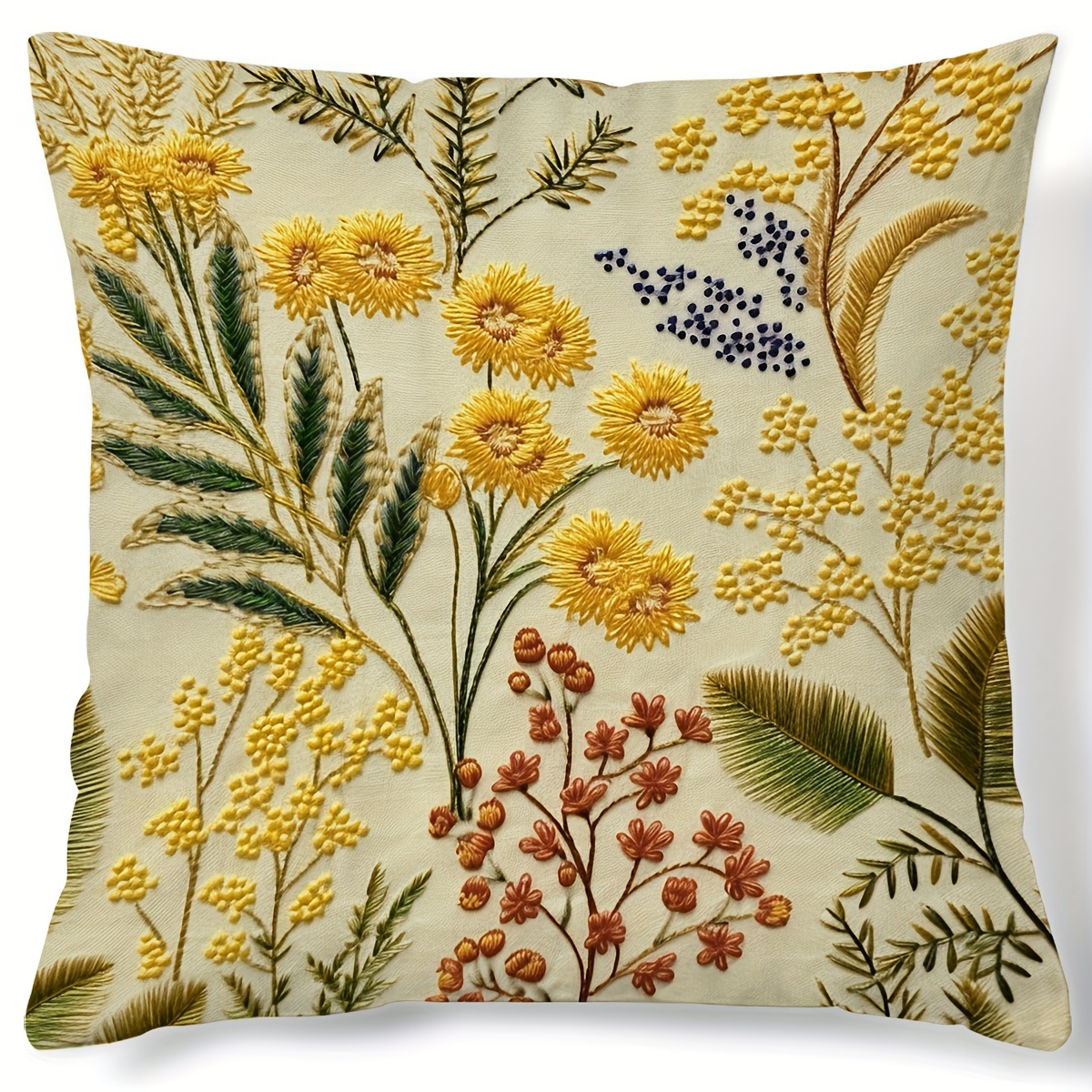 

1pc, 45cm/17.7inch, Contemporary Style Botanical Floral Pattern Digital Print Cushion Cover, Decorative Throw Pillow Case For Home Decor, Beige With Yellow Flowers