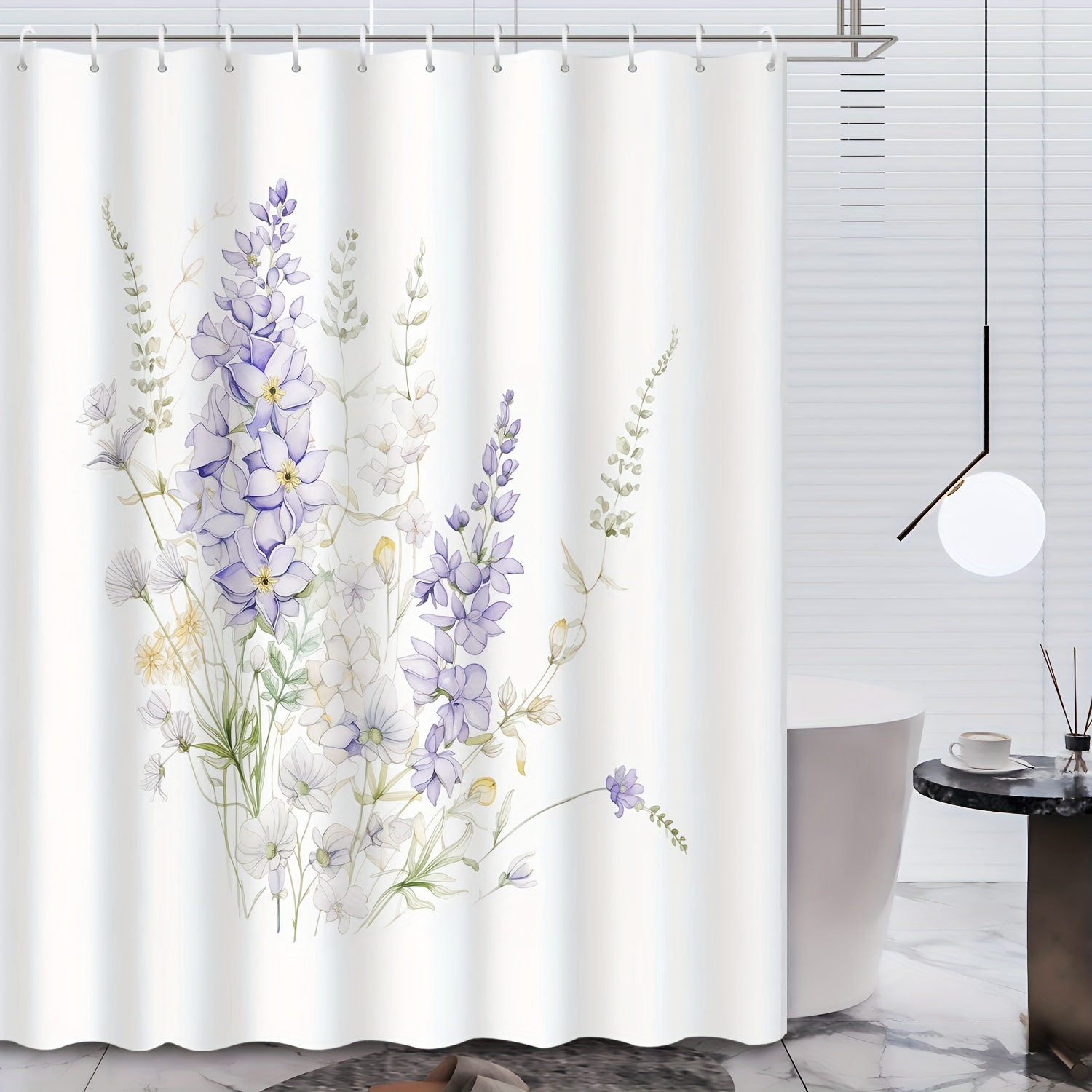 

1pc Purple Vine Flower Pattern Shower Curtain, Water-resistant Shower Curtain With Plastic Hooks, Wall Decoration Pendant, Bathroom Partition, Bathroom Accessories