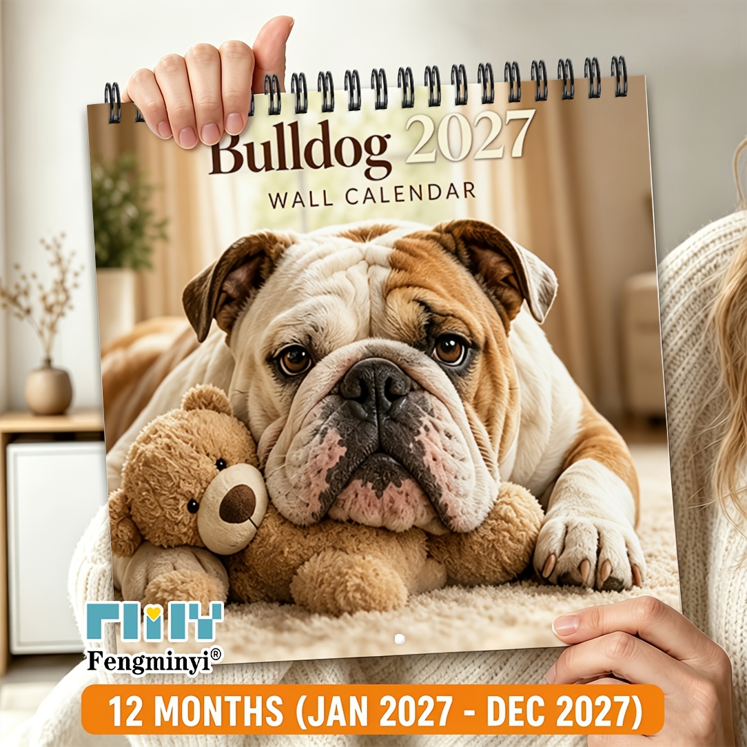 TEMU 2d Flat 1pc Wall Calendar, 2027 Wall-mounted Calendar, 2027 English Bulldog Wall Calendar, 12-month Monthly Planner, Black Spiral Bound, Hanging