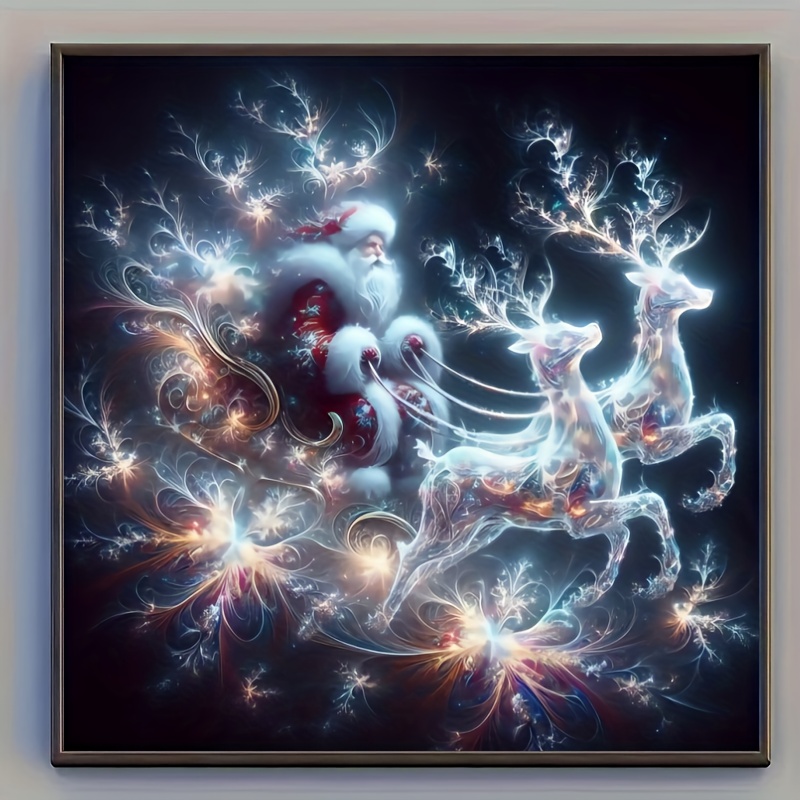 TEMU 1pc 5d Santa Claus And Aurora Deer Pattern Diamond Painting Kit, Round Acrylic Canvas, Cartoon Christmas Art Mosaic Craft For Living Room, Gift,