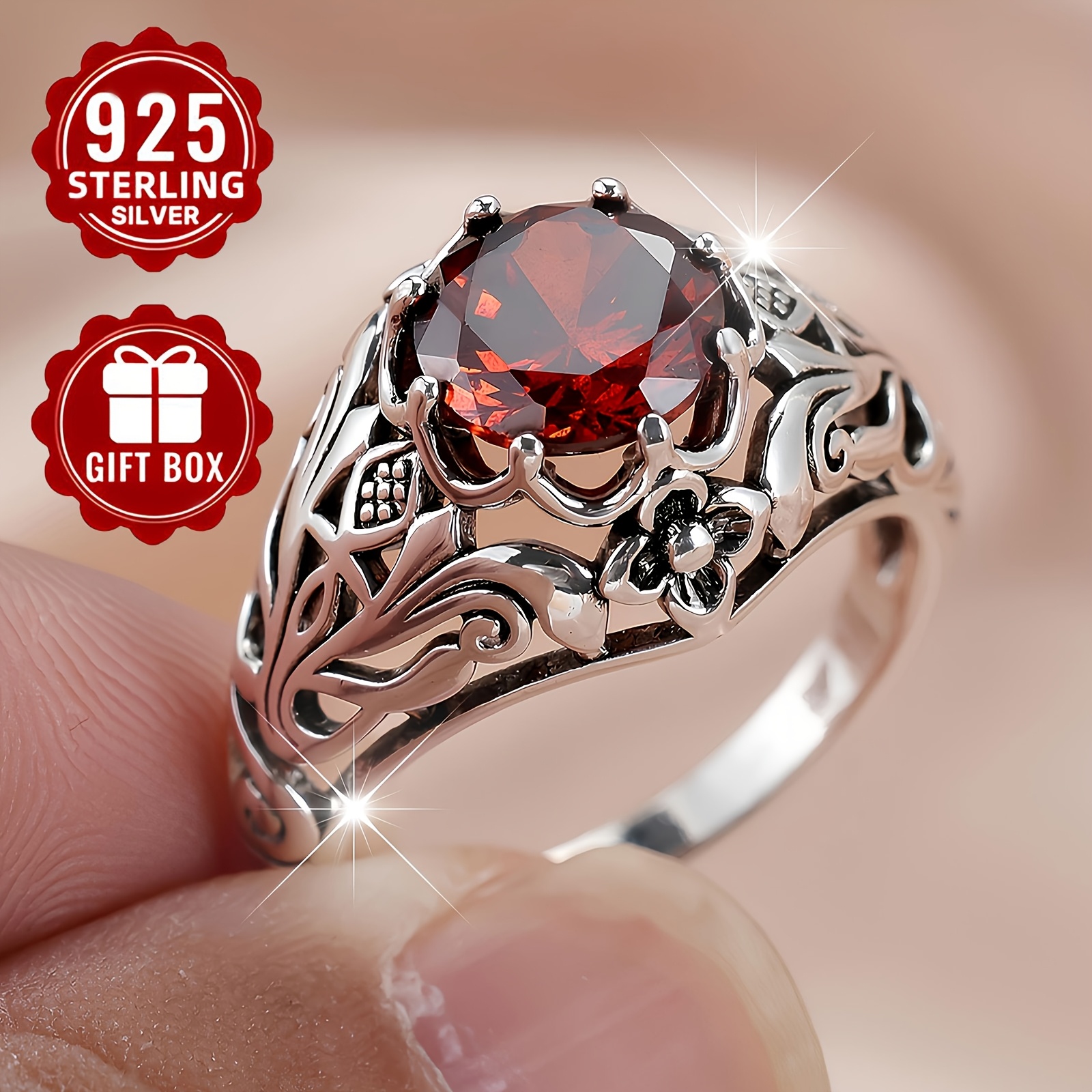 TEMU S925 Silver Ring Featuring A With Zirconia, Hypoallergenic And Nickel-free, Perfect For Women. This Elegant, Vintage-style Hollow Flower Ring Is