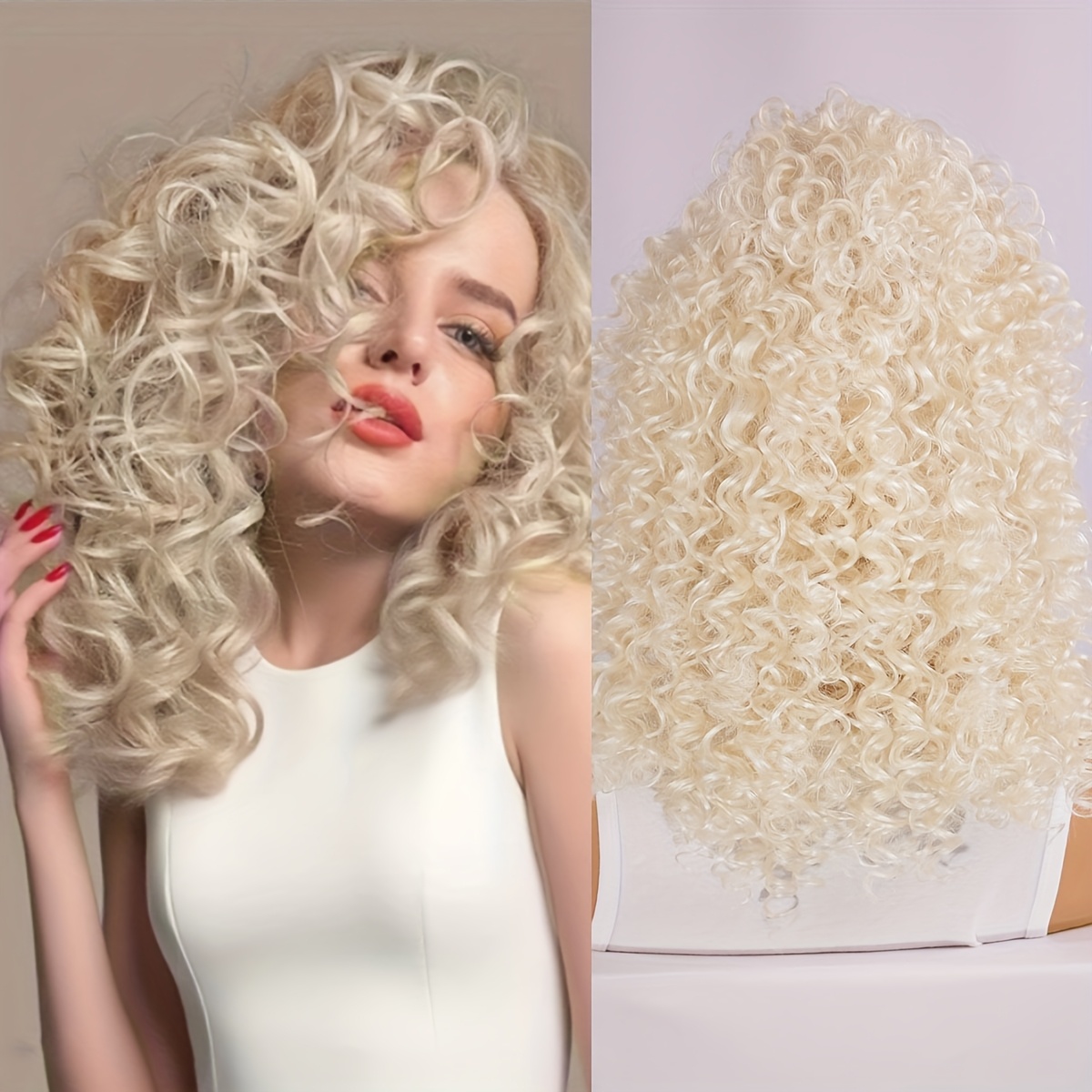medium length curly wig parted side women blonde curly hair  display picture 1
