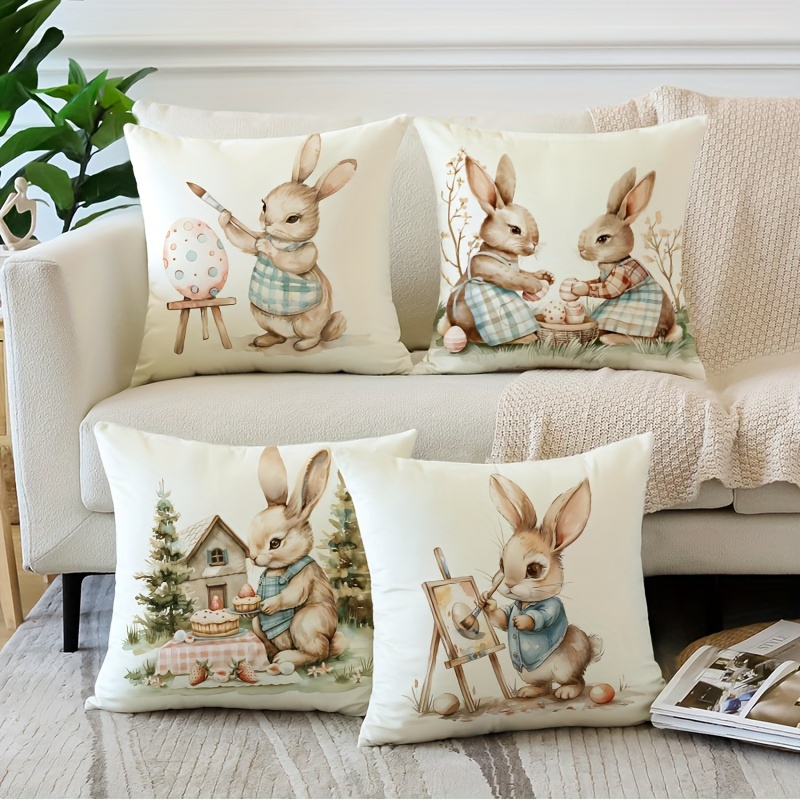 

Easter Bunny Decorative Throw Cushion Covers Set Of 4, Traditional-style Floral Polyester Zippered Cases For Sofa And Home Decor, Machine Washable Woven Pillowcases 18x18 Inches - Inserts Not Included