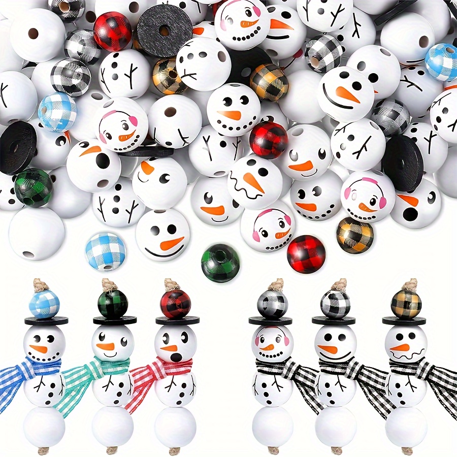 

150pcs Snowman Wood Beads Christmas Wooden Winter Bead For Crafts Round With Twine Scarf Decor (), White