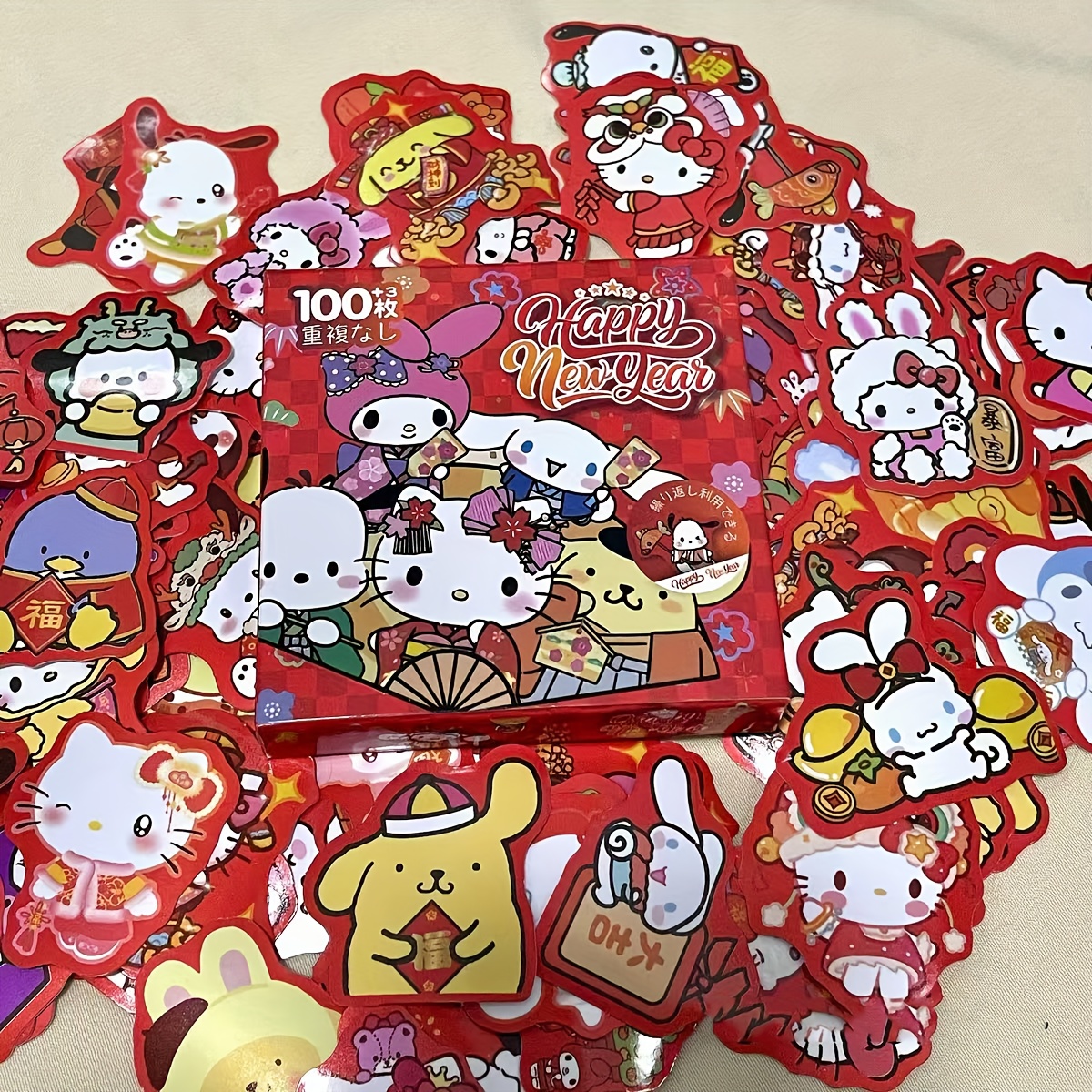 

sanrio"63pcs/103pcs New Year Stickers, Creative "for Hello Kitty" And "for Kuromi", Gift Box Packaging, Items For Home Office, For Travel, New Year Gift