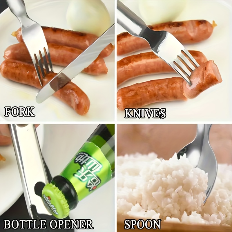 personalized and travel friendly stainless steel outdoor cutlery set with knife fork and spoon including bottle opener   stainless steel portable camping and travel gear in vintage golden and silvery color Product details 7