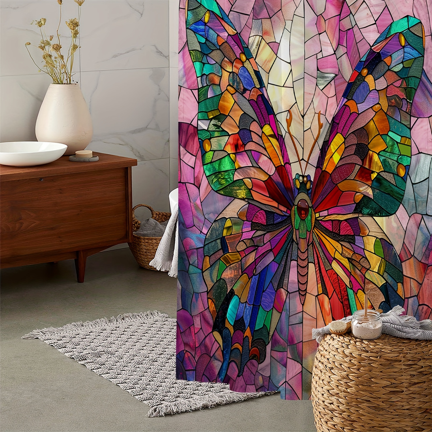 

Ultimate Waterproof Stained Glass Butterfly Print Shower Curtain With 12 Hooks - 72"x72" (183cmx183cm) - Artistic, Durable, And Easy To Clean