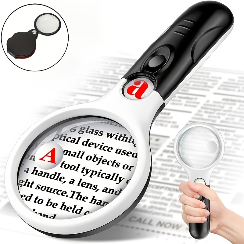 Image of Handheld Magnifying Glass And Mini Folding Magnifier Set (2-pack), 3x/45x Led Magnifier With Light, Handheld Reading Magnifying Glass Jewelry Loupe For Inspection (no Battery)