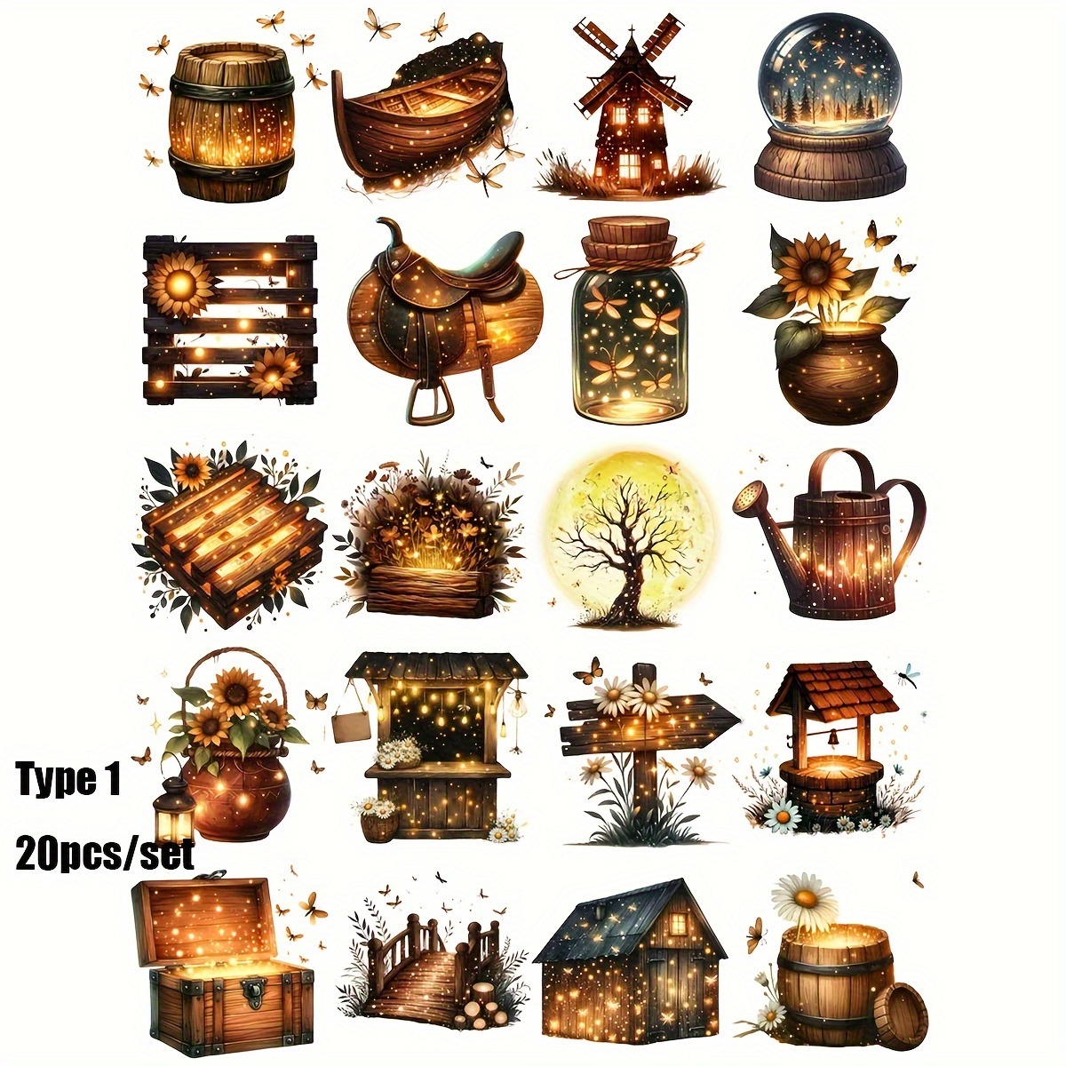 Image of 1 Pack Of Retro Creative Firefly House Landscape Hand Account Sticker Blue Flower Teacup Handmade Sticker Decoration Diary Album Photo Stationery Sticker School Handmade Material Sticker Decoration