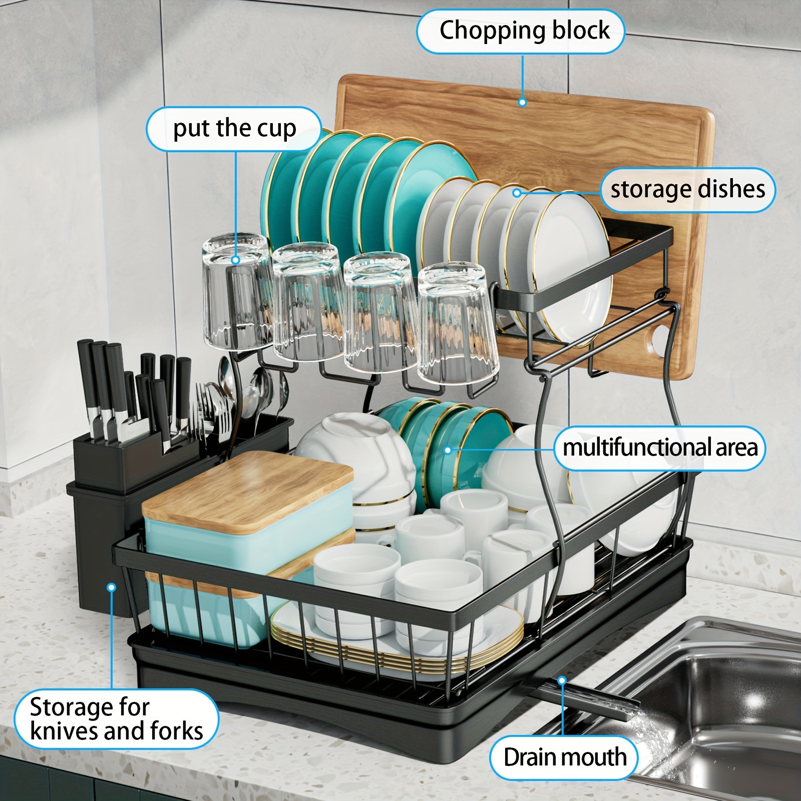 space saving 2 layer high capacity sink with bowl and dish holder above   with cutting board bowl and cup holder kitchen organizer durable Product details 6