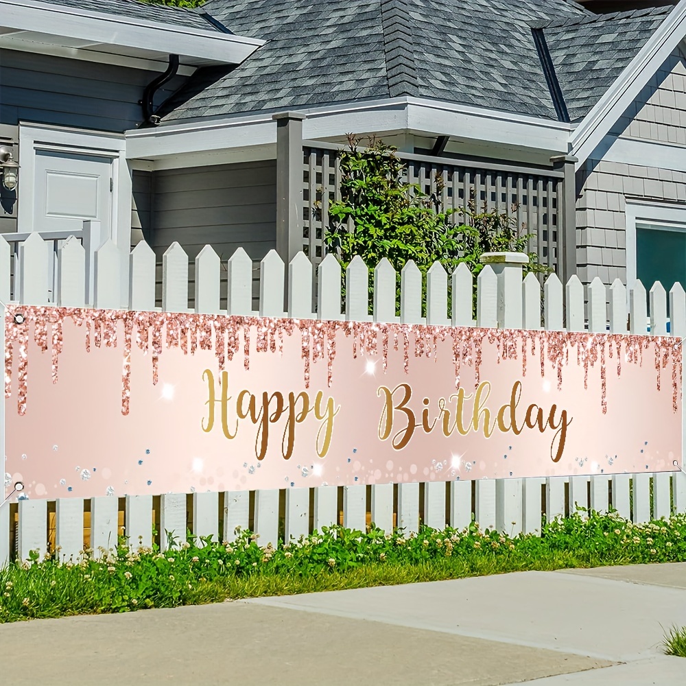 

1pc, Happy Birthday Large Decorative Banner, Polyester Rose Golden Glitter Pattern Patio Sign Hanging Background Outdoor Garden Fence Balcony Indoor Party Decoration 118x19 Inch