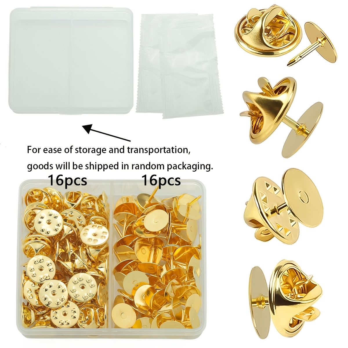 TEMU Lot de 32 pièces/boîte de supports dorés pour épingles à soi-, comprenant 16 fermoirs papillon et 16 épingles de 10 mm. Convient pour