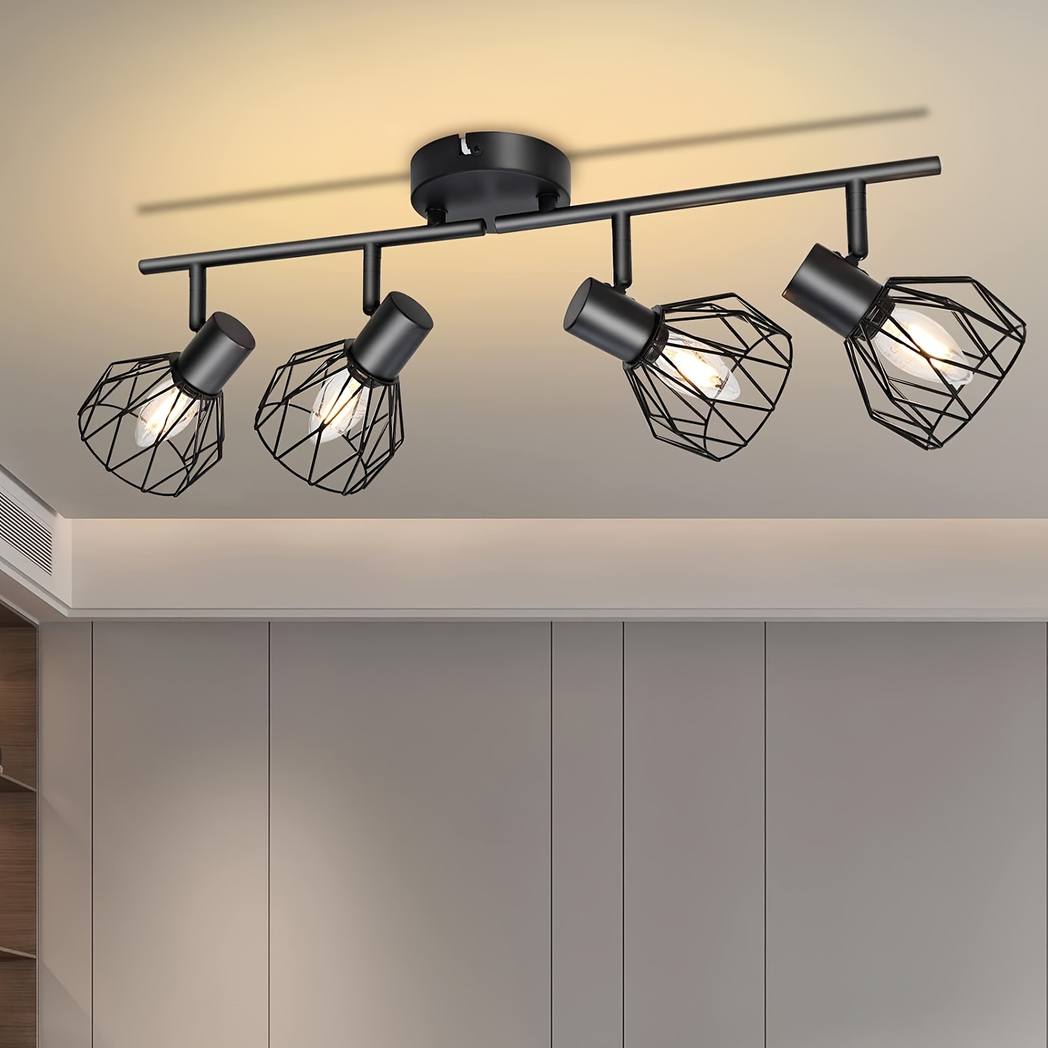 Industrial E14 Ceiling Light, Black Metal Wire Cage Linear Flush Mount, Vintage Adjustable Spotlight Fixture For Living Room Kitchen Hallway(bulb Not Included)