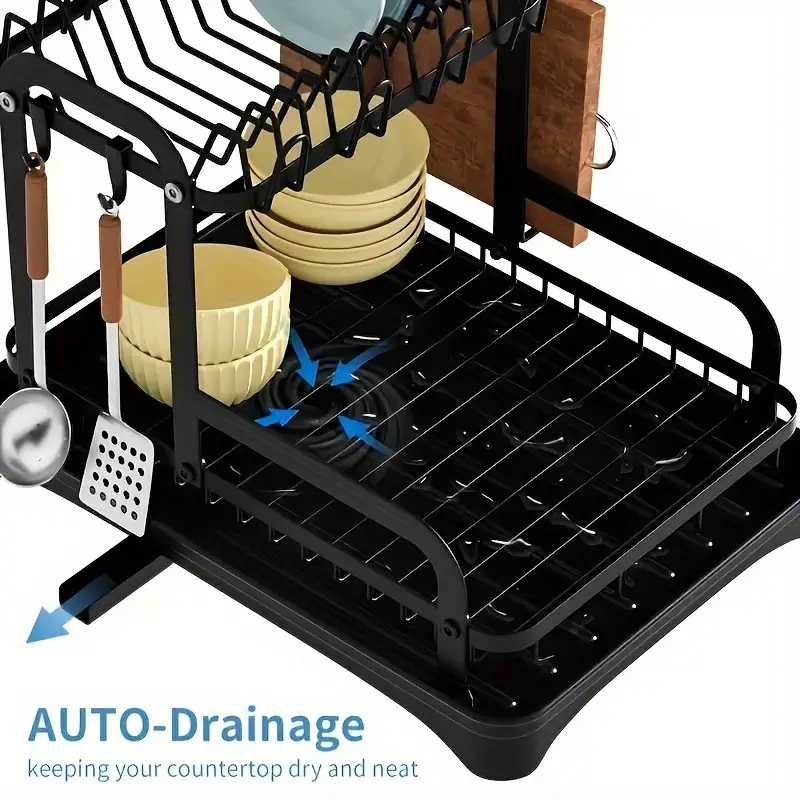 2 tier large capacity dish rack space saving sturdy metal construction with utensil holders cutting board holder multi functional kitchen counter organizer for plates bowls cups utensils dish drying rack Product details 2