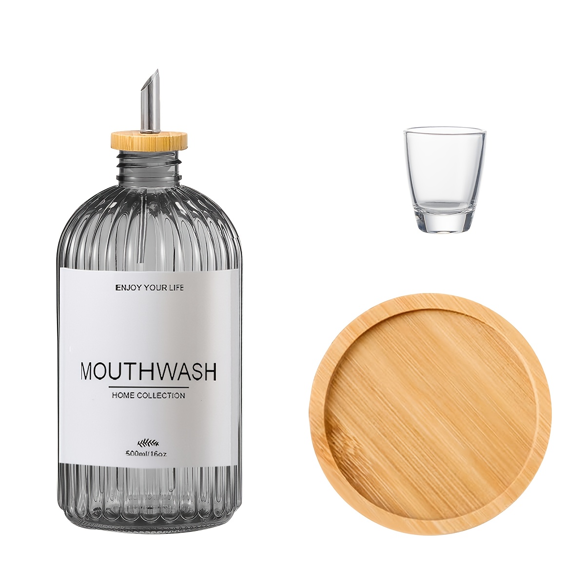 Image of Bathroom Mouthwash Holder With A Tray, Refillable Mouthwash , Cup, And Farmhouse-style Labels