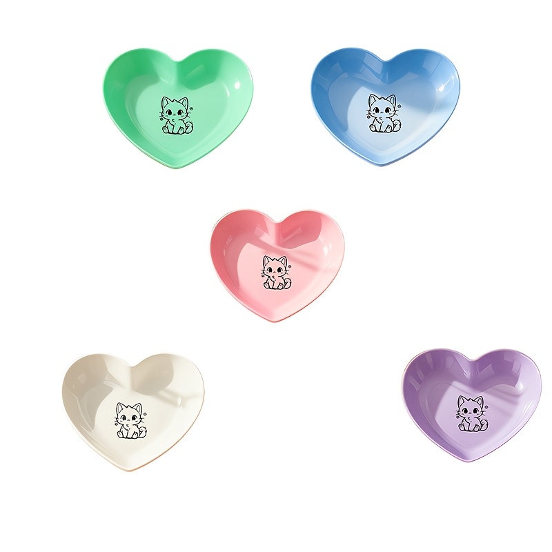 Image of 5pcs Cartoon Cat Heart-shaped Non-slip Plastic Pet Bowls - Easy-to- Feeding And Water Dishes, Food Bowls For Cats, Cat And Plates, Pet Feeding Bowls