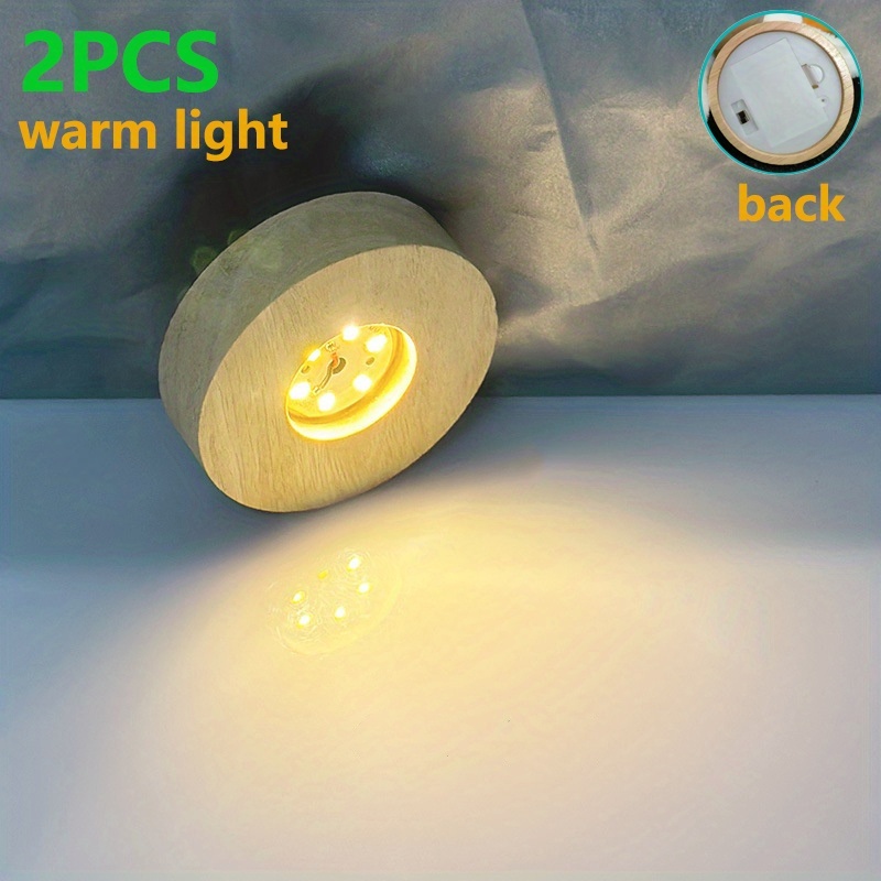 Image of 2pcs 8cm/3.15-inch Round Solid Wood Illuminated Bases 3 Aaa Batteries, Led Night Lights, Suitable For Crystal, Glass, Resin, Diy Decorations, Indoor Festive Party Atmosphere Decorations.