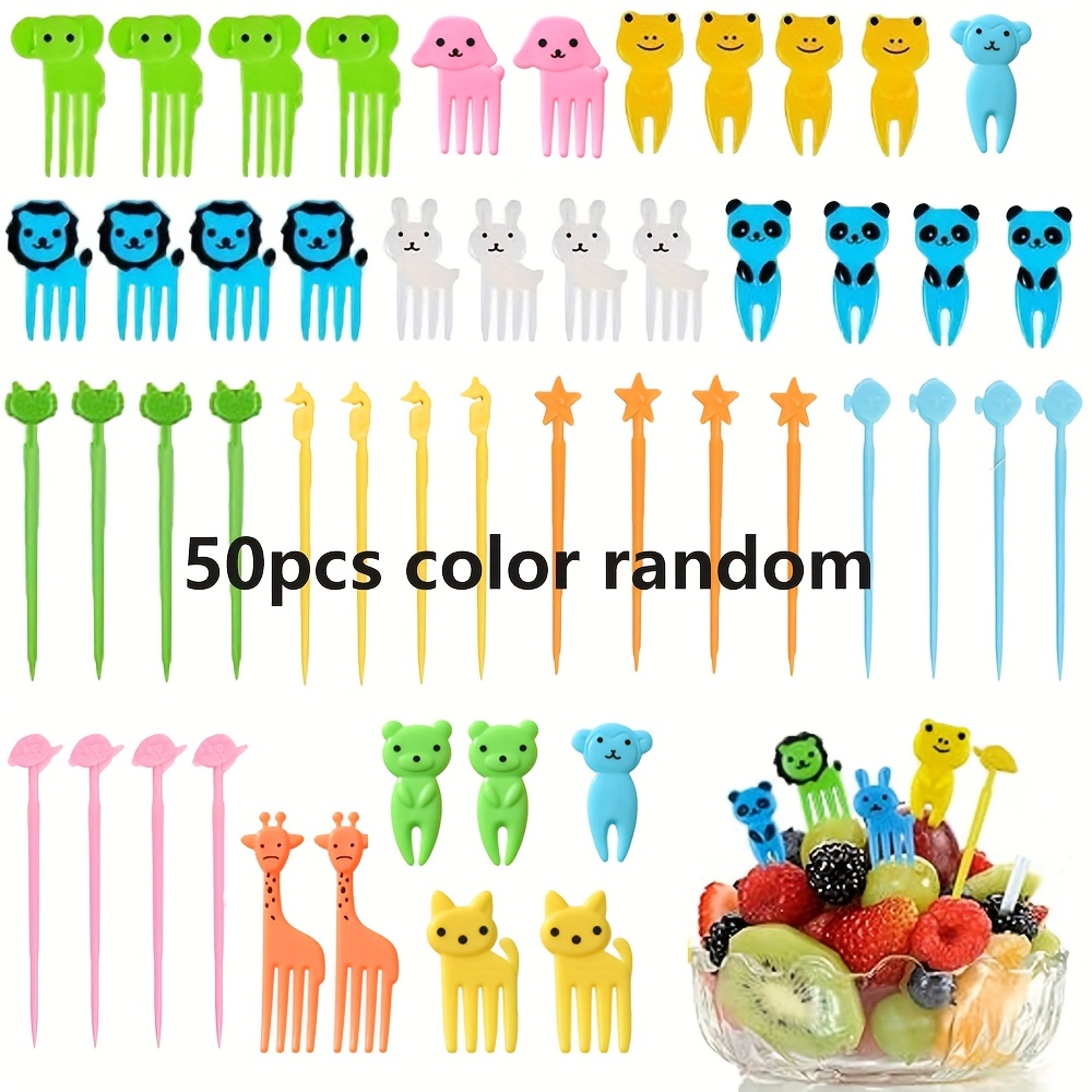 Image of 50pcs Lunch Box Additions Set Mini Cute Animal Fruit Fork Dessert Cake Tag Abs Material Suitable For Party Birthday Gift Holiday Gift Outdoor Barbecue Home Kitchen Use Random Colors