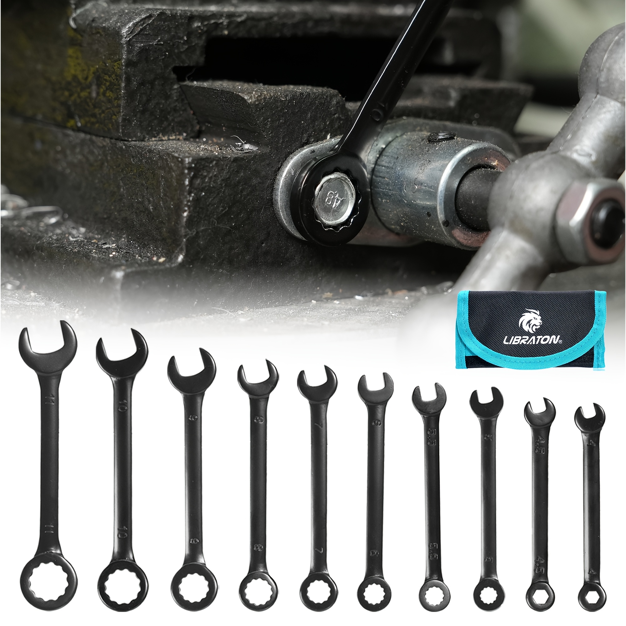 TEMU Libraton 10pcs Mini Wrench Set For Tight Spaces Metric 4-11mm Open End And Box End Carbon Steel Lightweight Organizer Pouch
