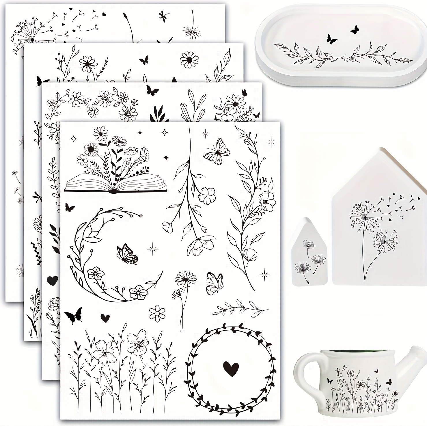 Image of 4pcs Of Spring Flower Transparent Transfer Stickers, Dandelion Plant And Rub-on Stickers, Art Stickers, Suitable For Diy Furniture, Glass, And Ceramic Crafts, Size 19cm×14cm