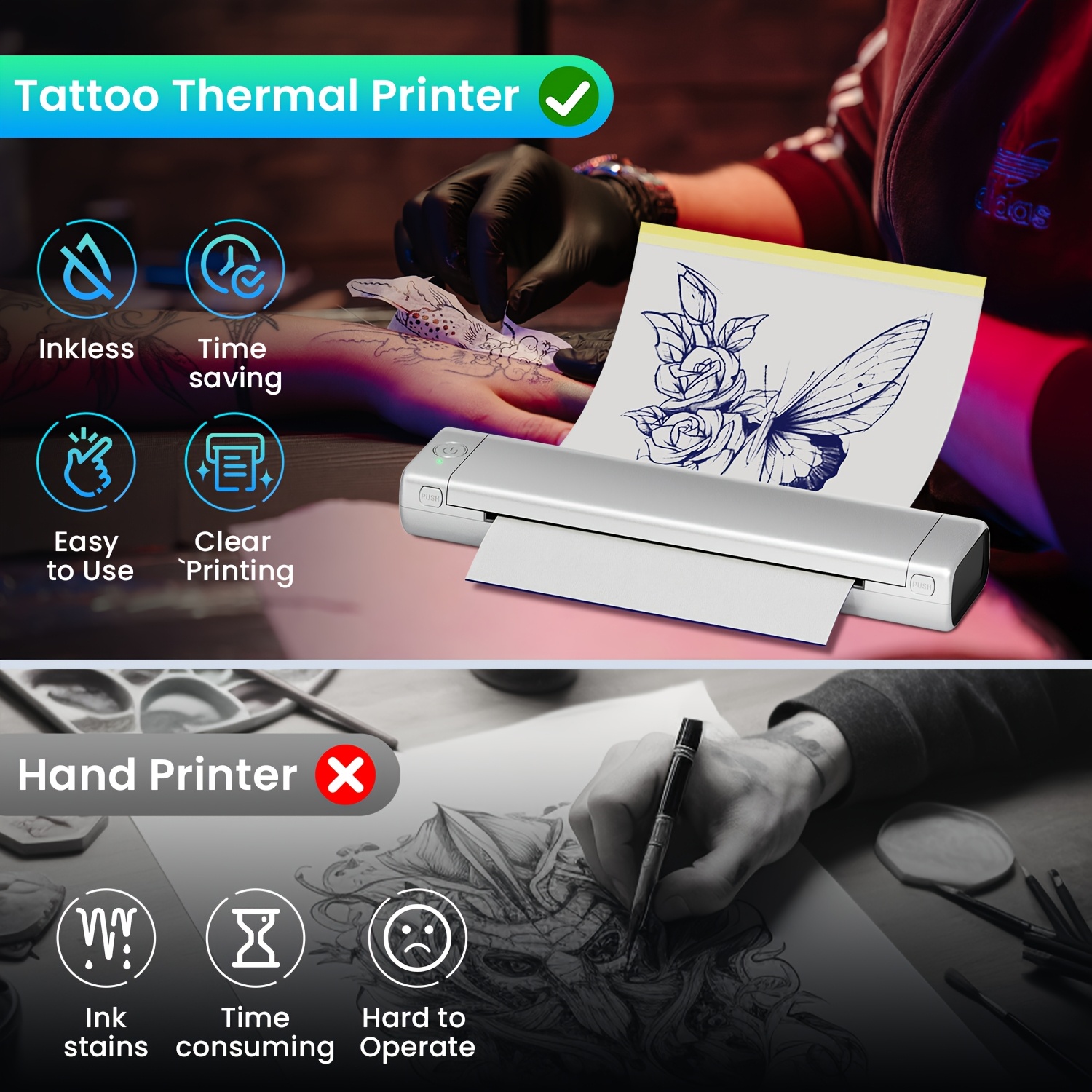Portable Printer Odaro M08F Letter Wireless For Travel, Bluetooth Thermal Printer Inkless, Small Compact Support 8.5\" X 11\" Size Thermal Paper, Work With Laptop Phone And Pad - Black Laser Printer