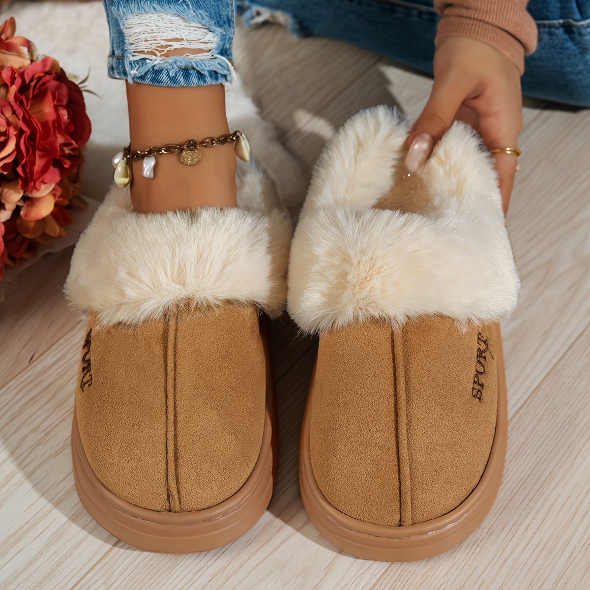 TEMU Winter Plus Size Indoor Home Comfortable Thickened Warm Soft Sole Thick Sole Silent Heeled Slippers Home Shoes