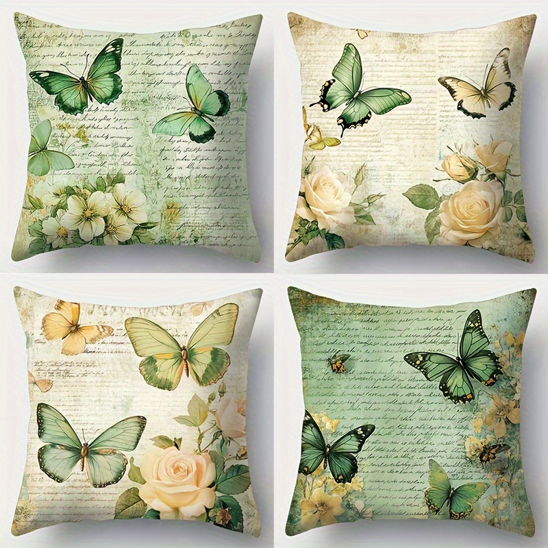 

4-pack Butterfly Print Throw Pillow Covers - Contemporary Style, 100% Polyester, Woven, Zipper Closure, Hand Wash Only, Decorative Cushion Cases For Living Room