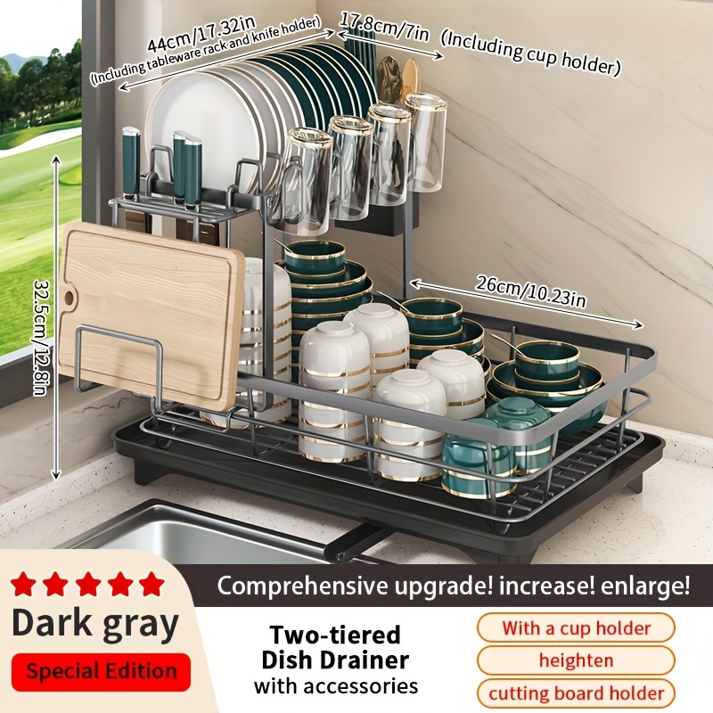 Double Tier Large Metal And Carbon Steel Cutlery Rack for Kitchen Countertop, Space Saving And Durable, with Knife, Fork And Cup Holders And Draining Board, Rustproof Large Two Tier Metal Cutlery Rack, Make The Kitchen More Concise And Organized. 3 Double Tier Large Metal And Carbon Steel Cutlery Rack for Kitchen Countertop, Space Saving And Durable, with Knife, Fork And Cup Holders And Draining Board, Rustproof Large Two Tier Metal Cutlery Rack, Make The Kitchen More Concise And Organized. - Image 3