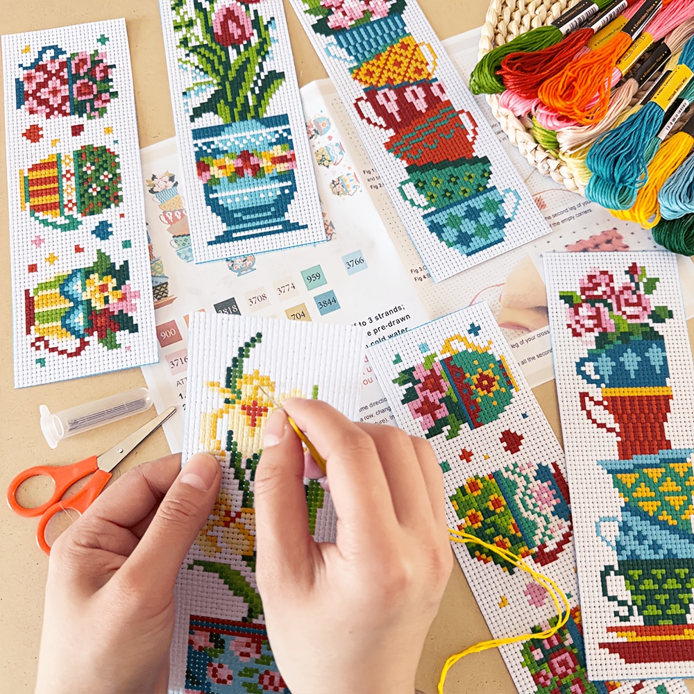 TEMU 6pcs Floral Themed Cross- Bookmark Diy Counted Cross- Kit - Beginner-friendly Fabric Bookmark With Creative Teacup And Flower Pattern - Includes