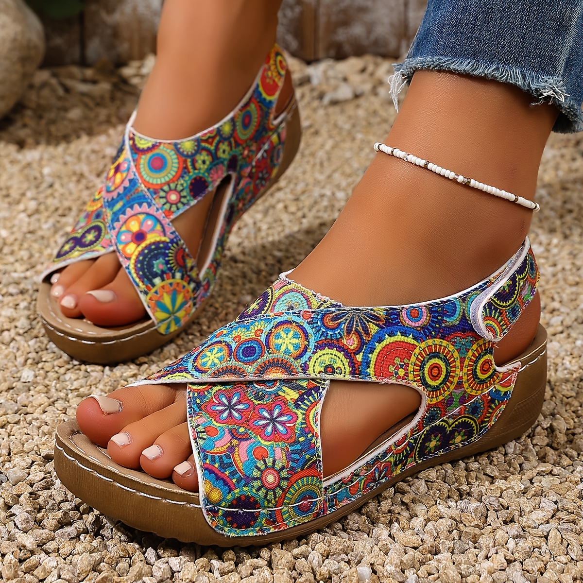 TEMU Blue Bohemian Ethnic Print Wedge Sandals, Summer Women's Casual Open-toe Sandals, Comfortable Thick-soled , Women Shoes