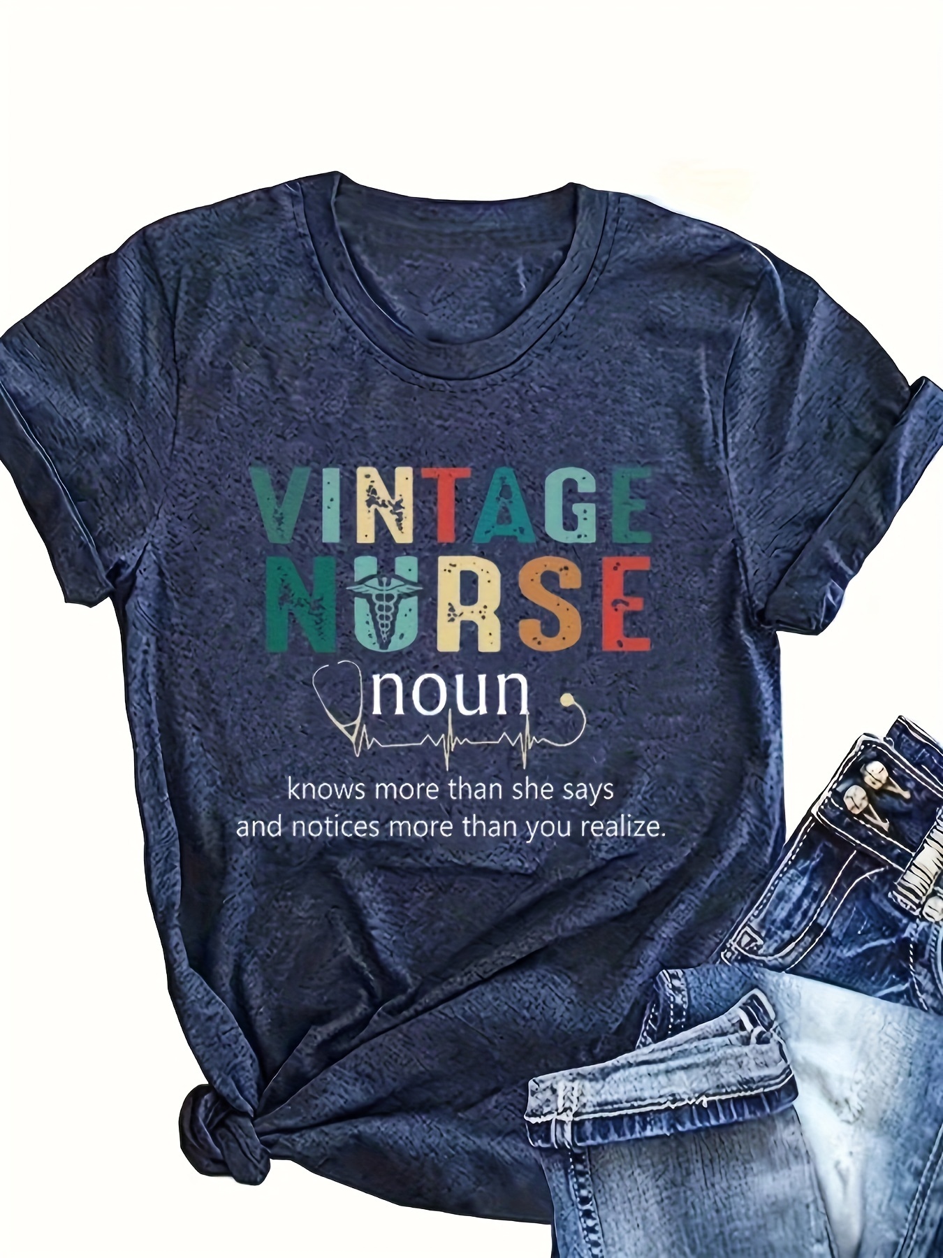 womens vintage nurse graphic t shirt dark gray casual tee Temu