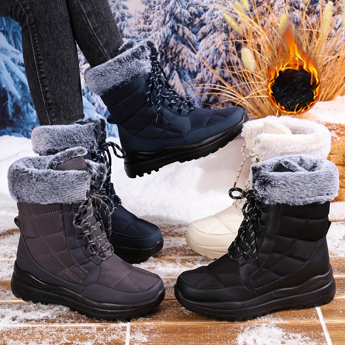 womens plus size winter snow boots warm fleece lined thick Temu